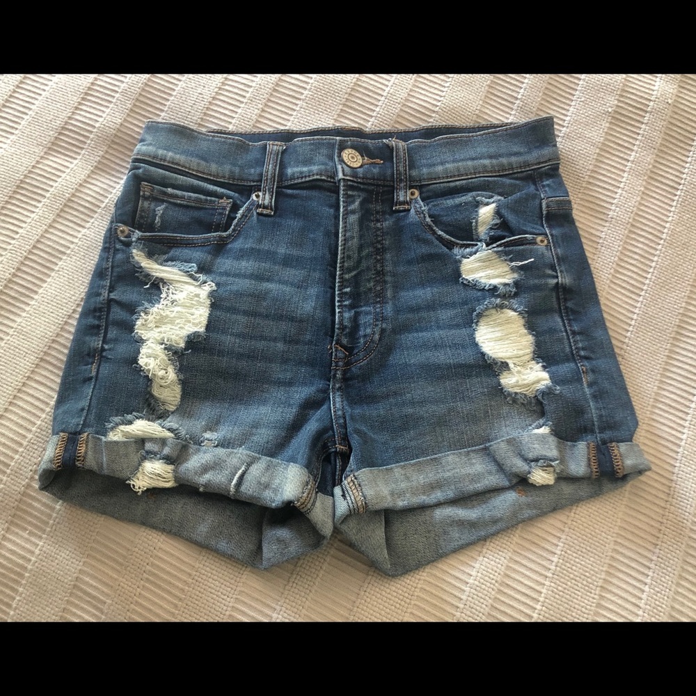 Express high-waisted distressed jean shorts.